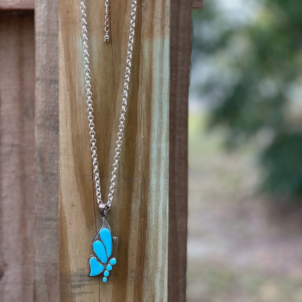 Sterling silver adjustable necklace with turquoise and SS butterfly pendant